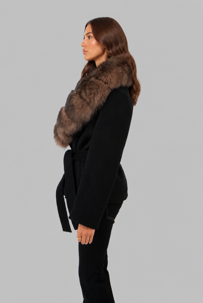 Manteau ceinturé en laine à col fausse fourrure – photo 5