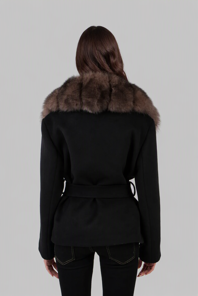 Manteau ceinturé en laine à col fausse fourrure – photo 4