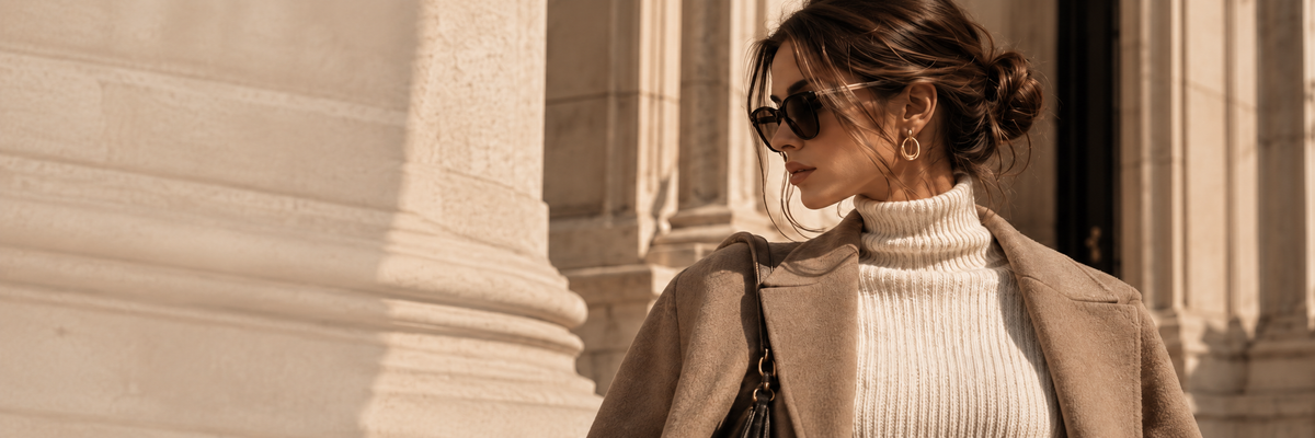 Autumn styling with an ivory roll-neck and taupe coat