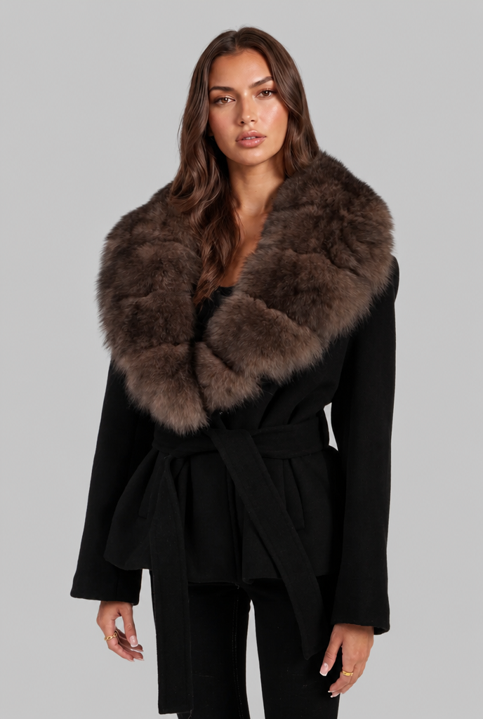 Manteau ceinturé en laine à col fausse fourrure – photo 2
